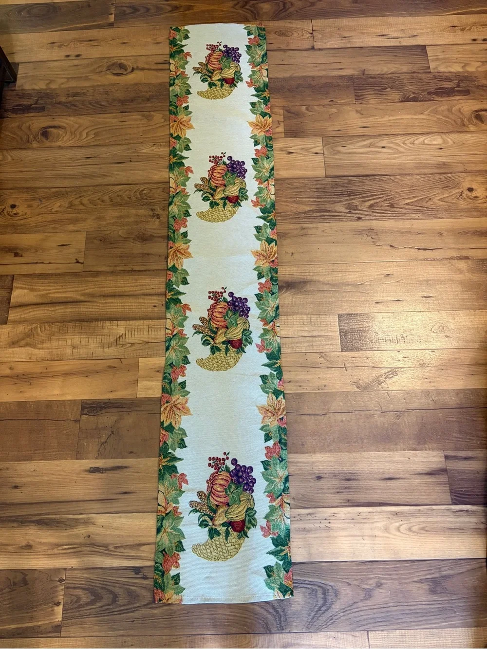 Harvest Cornucopia Tapestry Table Runner in Cream, Orange, Green 68x13 EUC